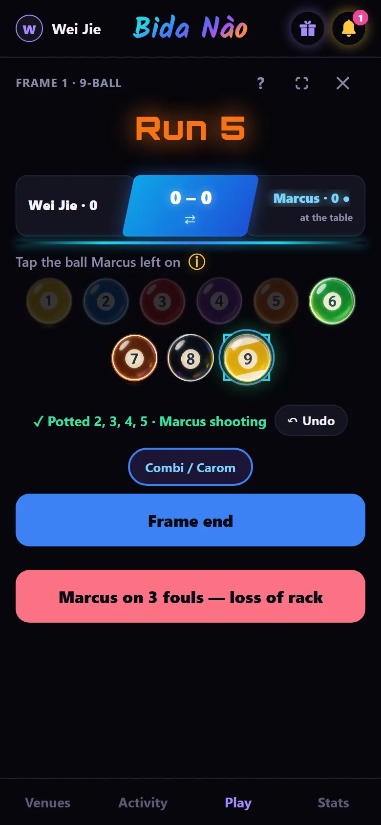 Live scoring in the app: the rack and the run counter