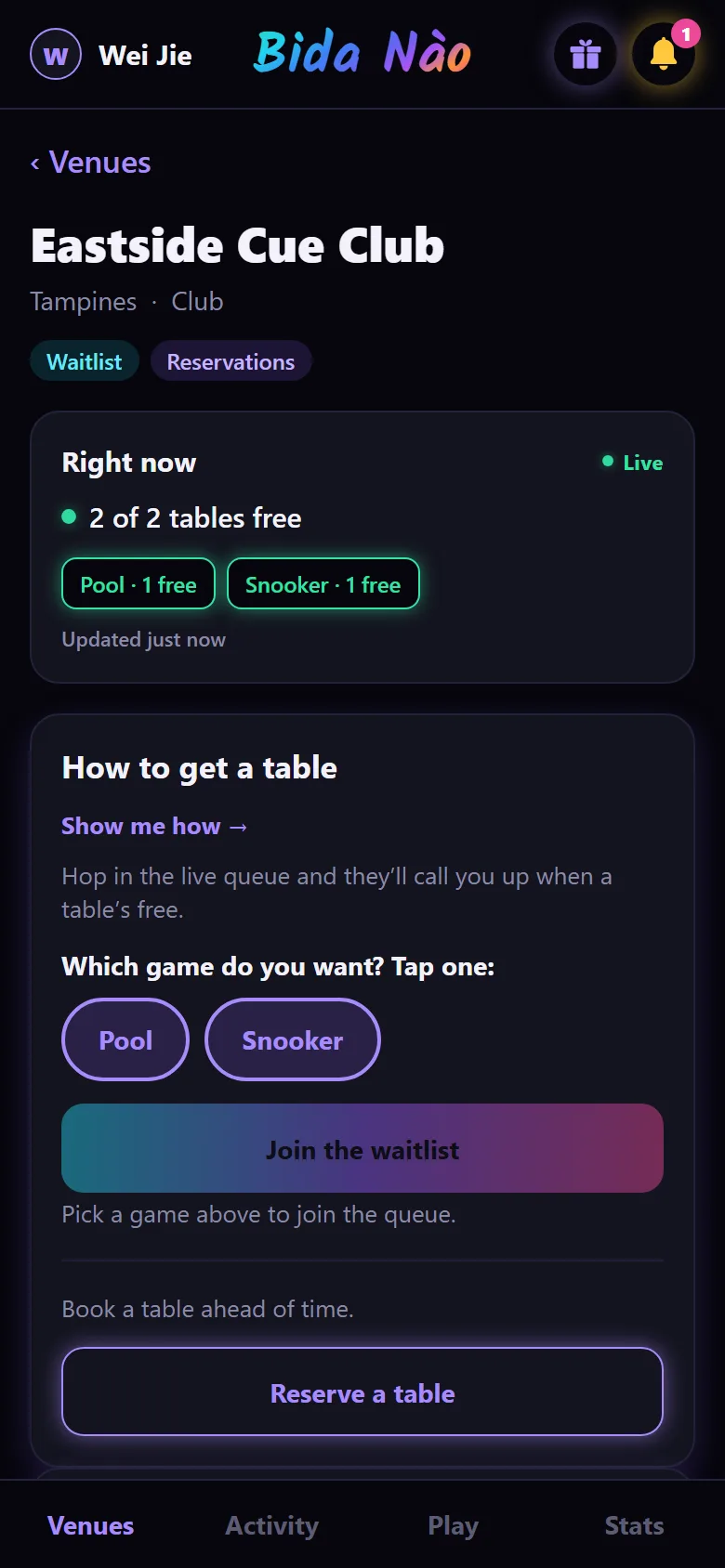 Venue page in the app: live table availability, queue and booking