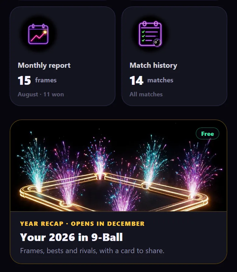 The History tab: monthly report, match history, and a year-recap banner.