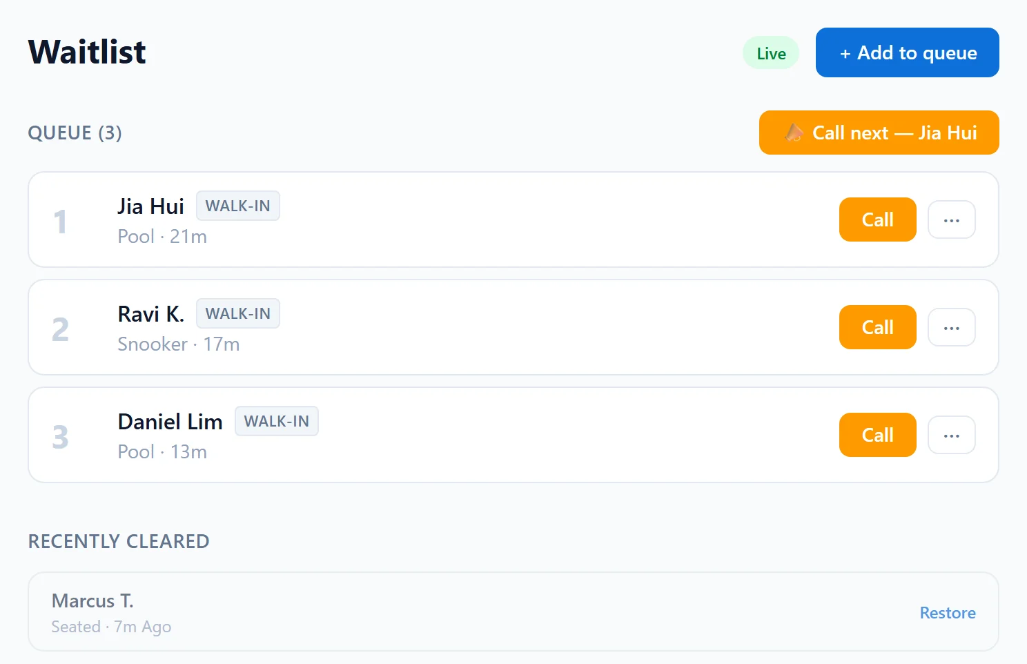 The Waitlist board: players in order with a Call button for each.